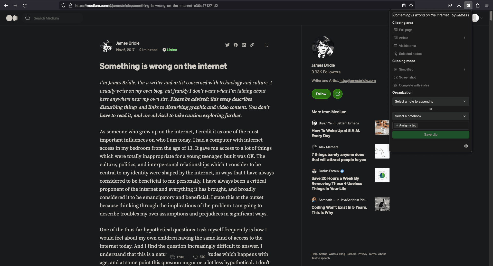 A screenshot of the Notesnook Web Clipper opened in Mozilla Firefox & clipping a Medium blog.