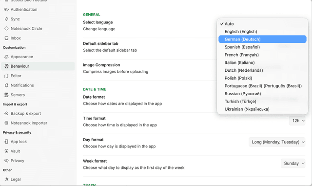 Language selector in Notesnook desktop settings