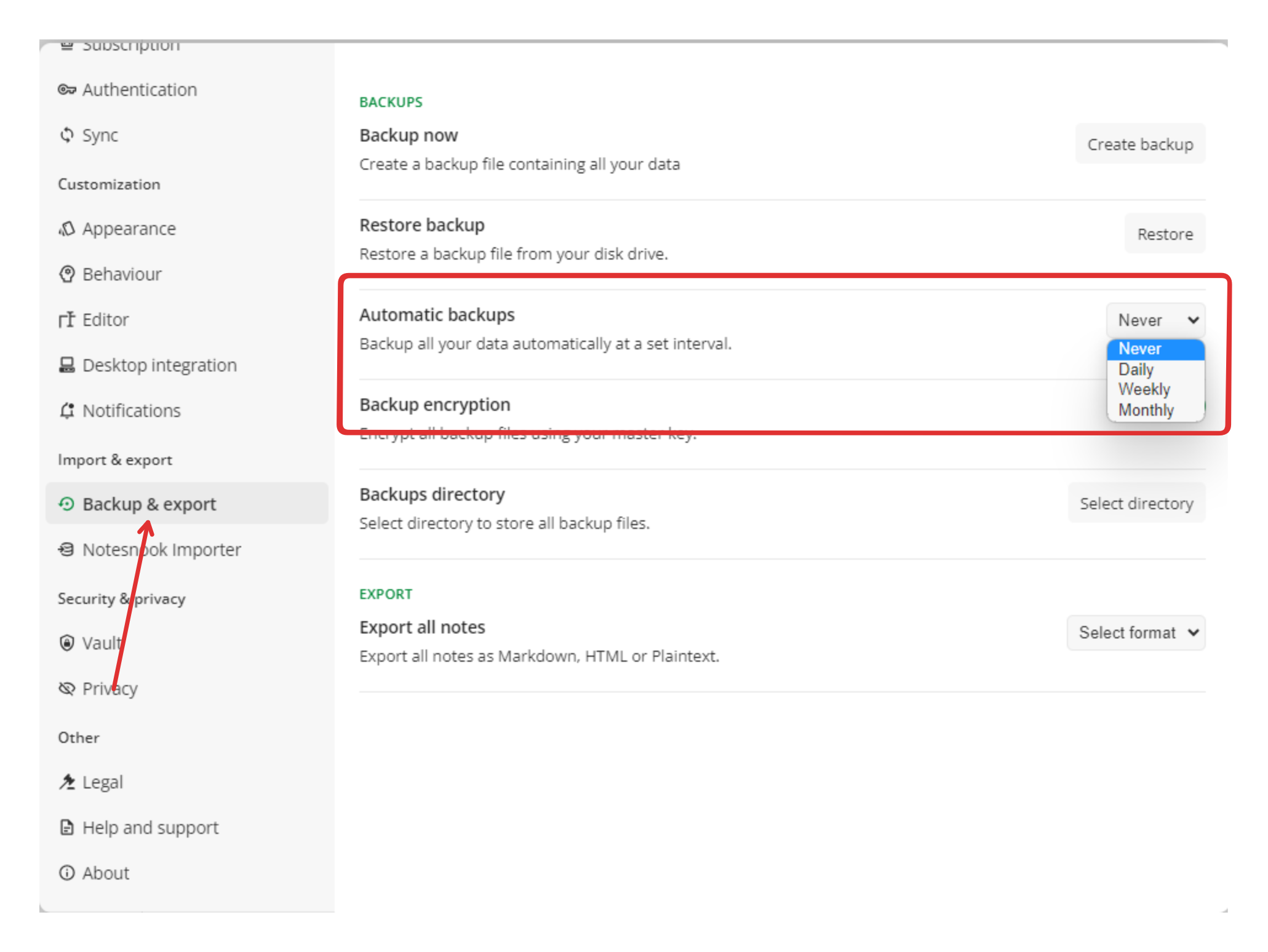 The automatic backup interval dropdown in Notesnook desktop settings