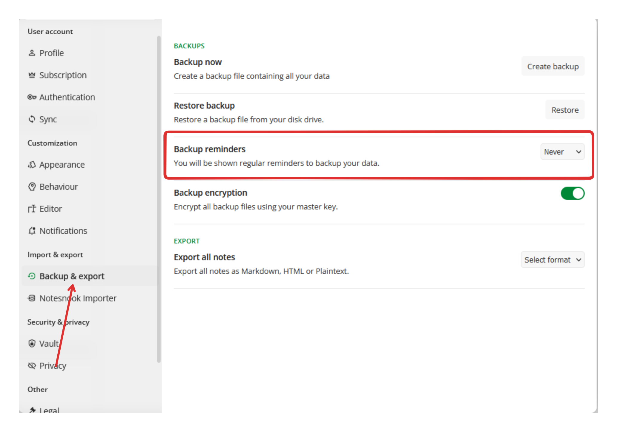 The backup reminder interval dropdown in Notesnook on the web