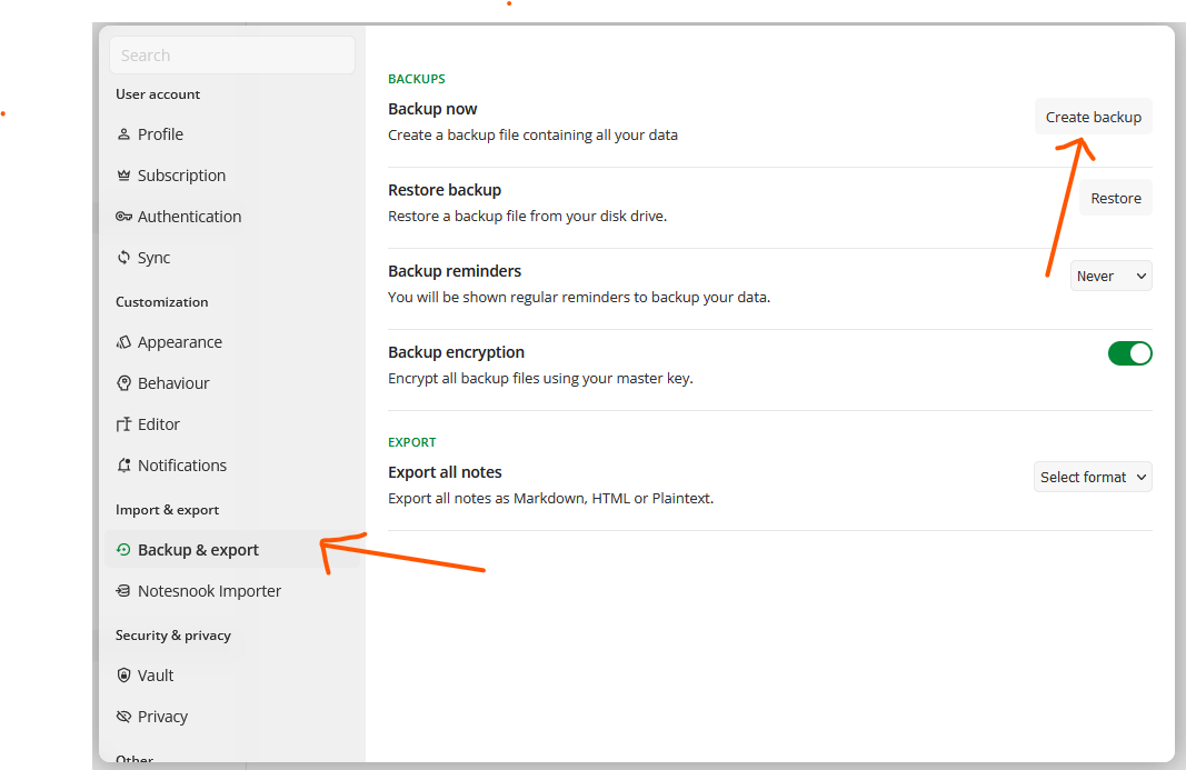 The Backup & export section of Notesnook settings on web, with the Create backup button
