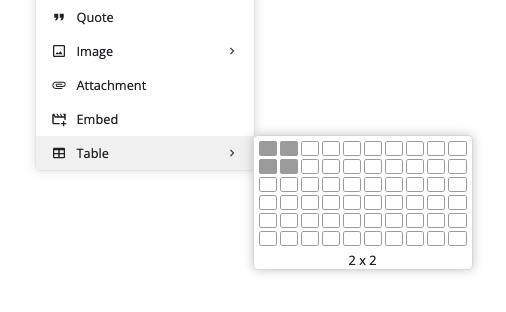 The table size grid in the insert menu