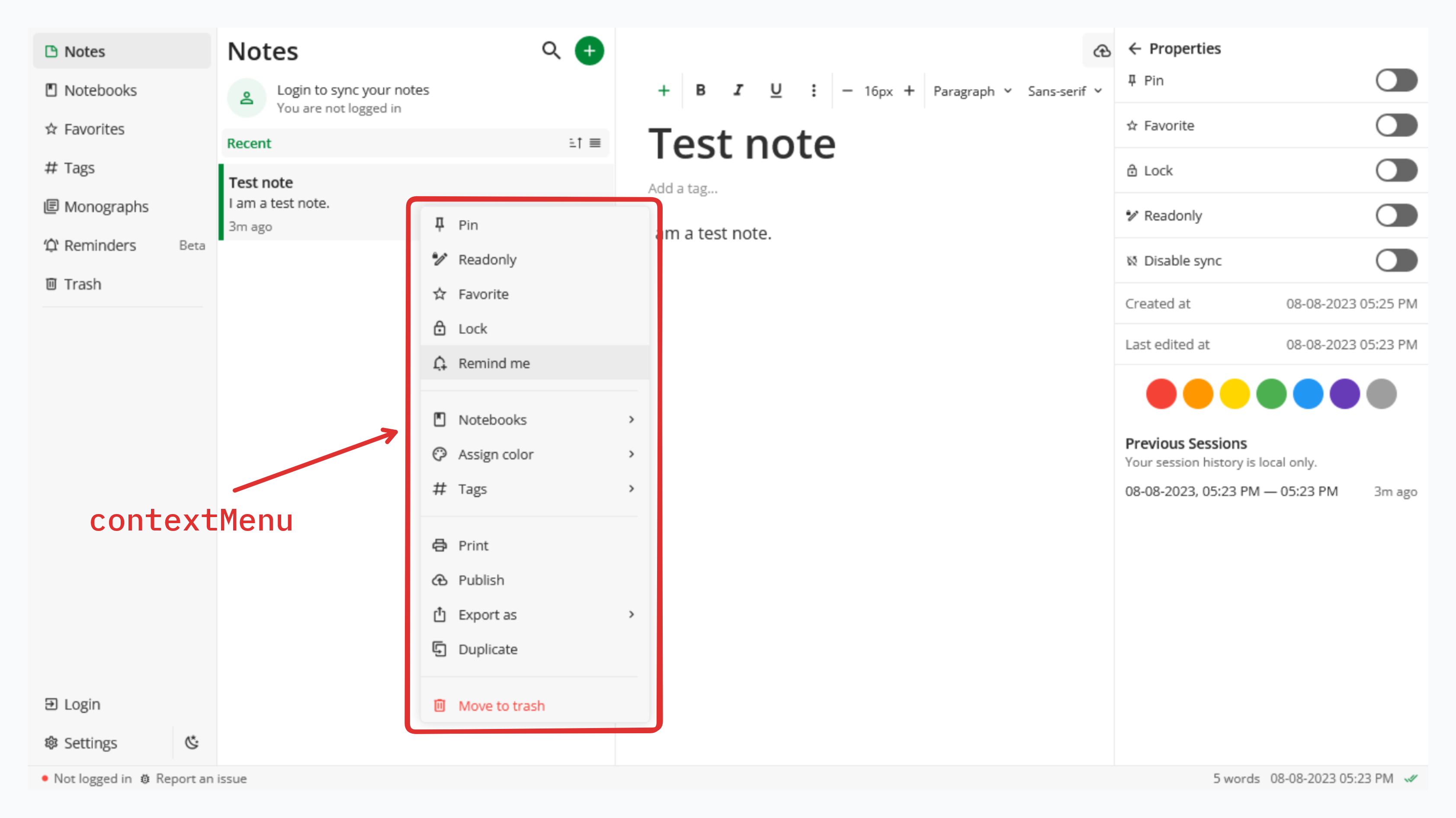 A right click menu in Notesnook, the area covered by the contextMenu scope