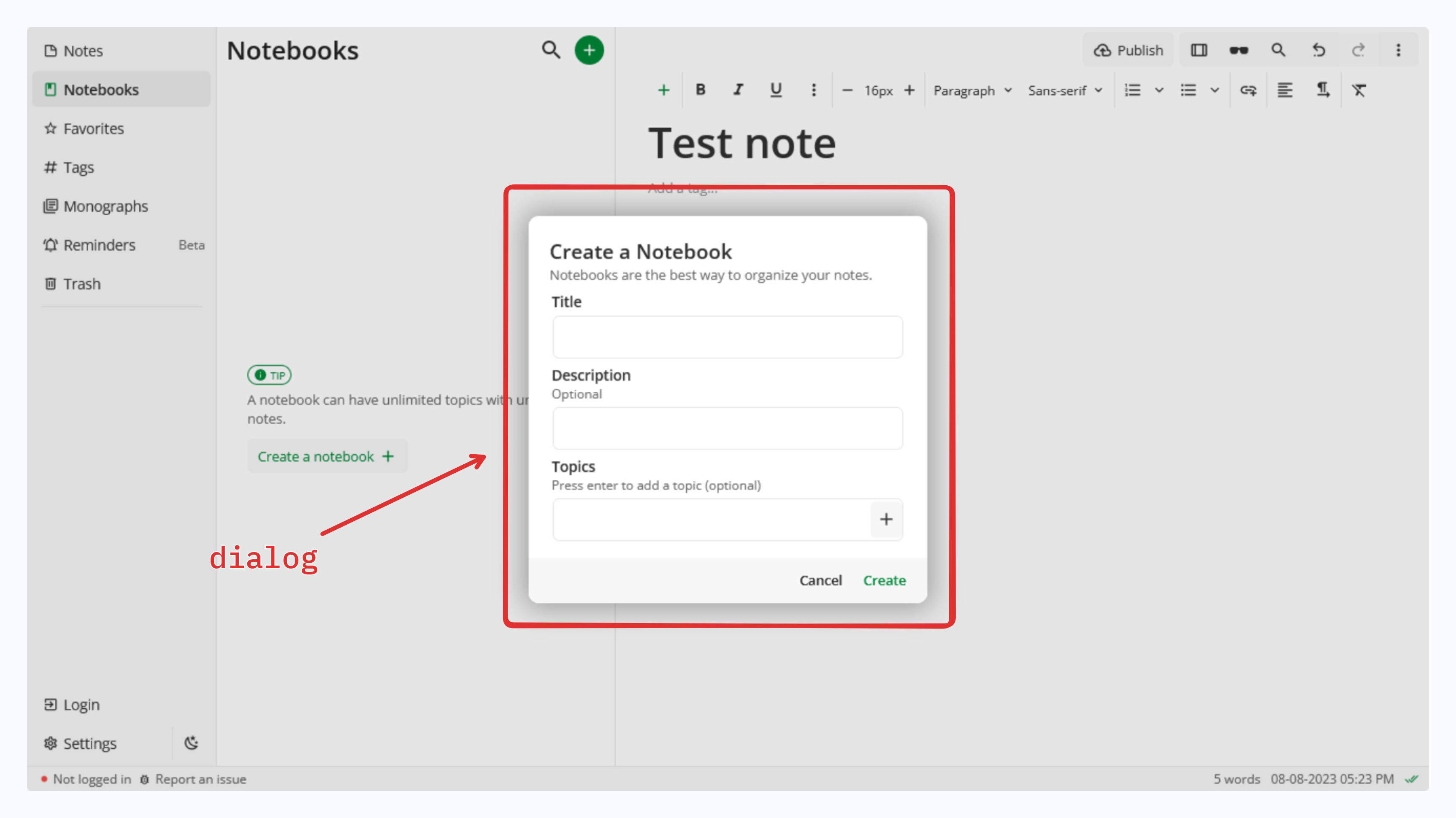 A Notesnook dialog, the area covered by the dialog scope