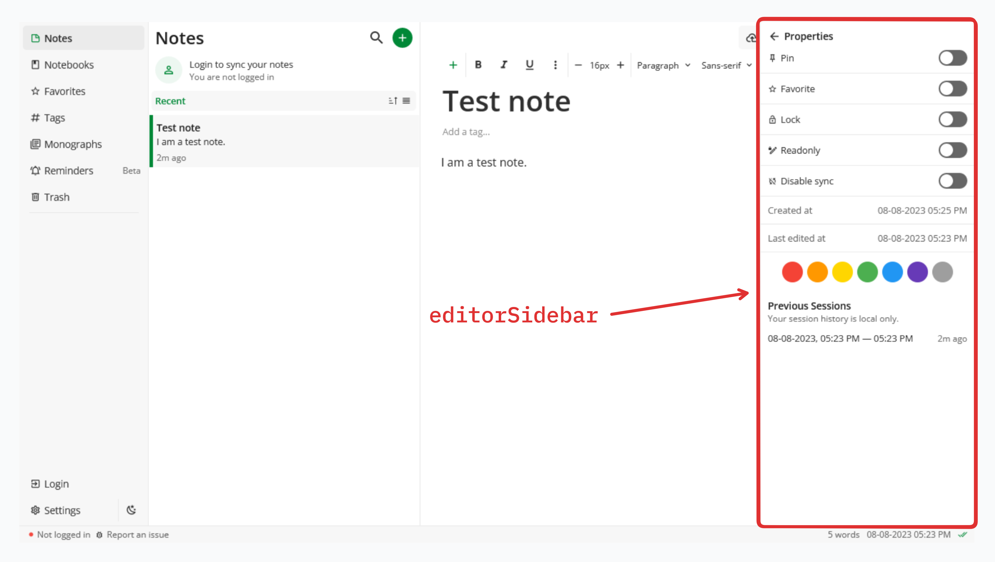 The note properties pane on the right, the area covered by the editorSidebar scope