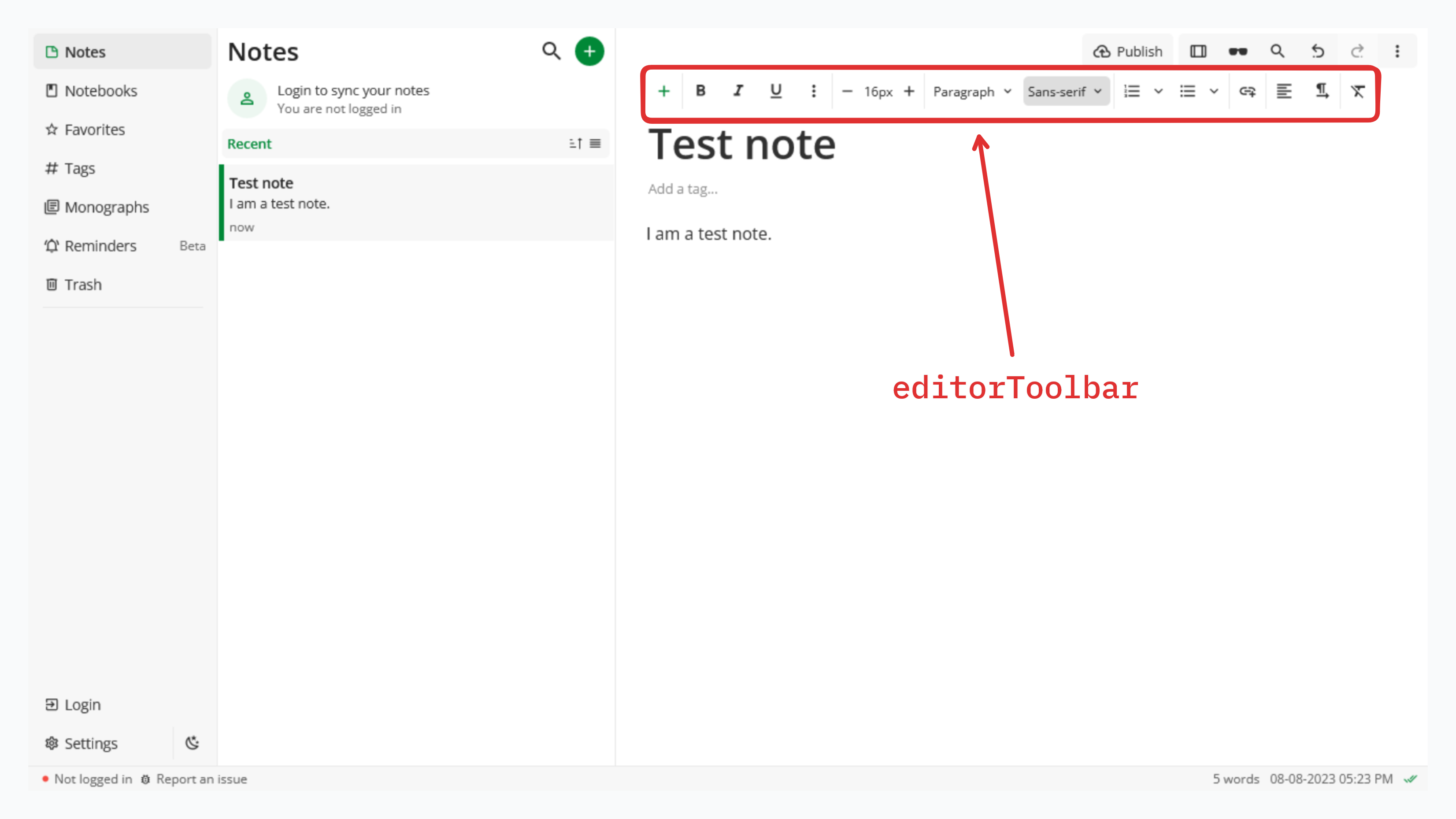 The formatting toolbar above the editor, the area covered by the editorToolbar scope