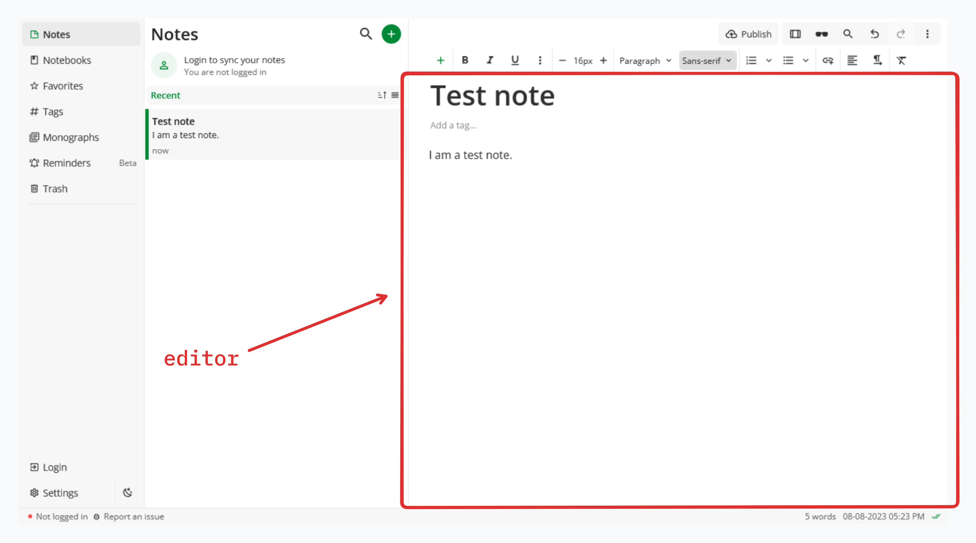 The note editing surface, the area covered by the editor scope