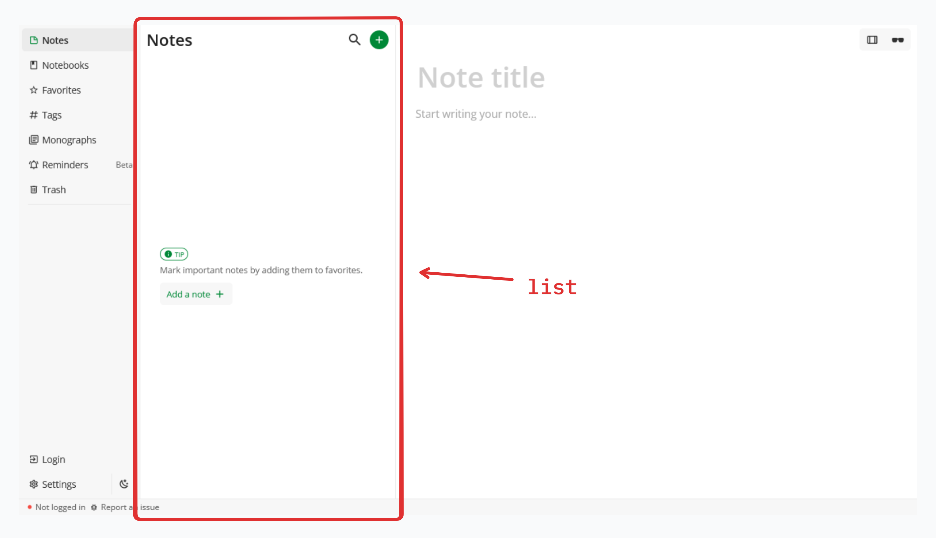 The middle pane listing notes, the area covered by the list scope