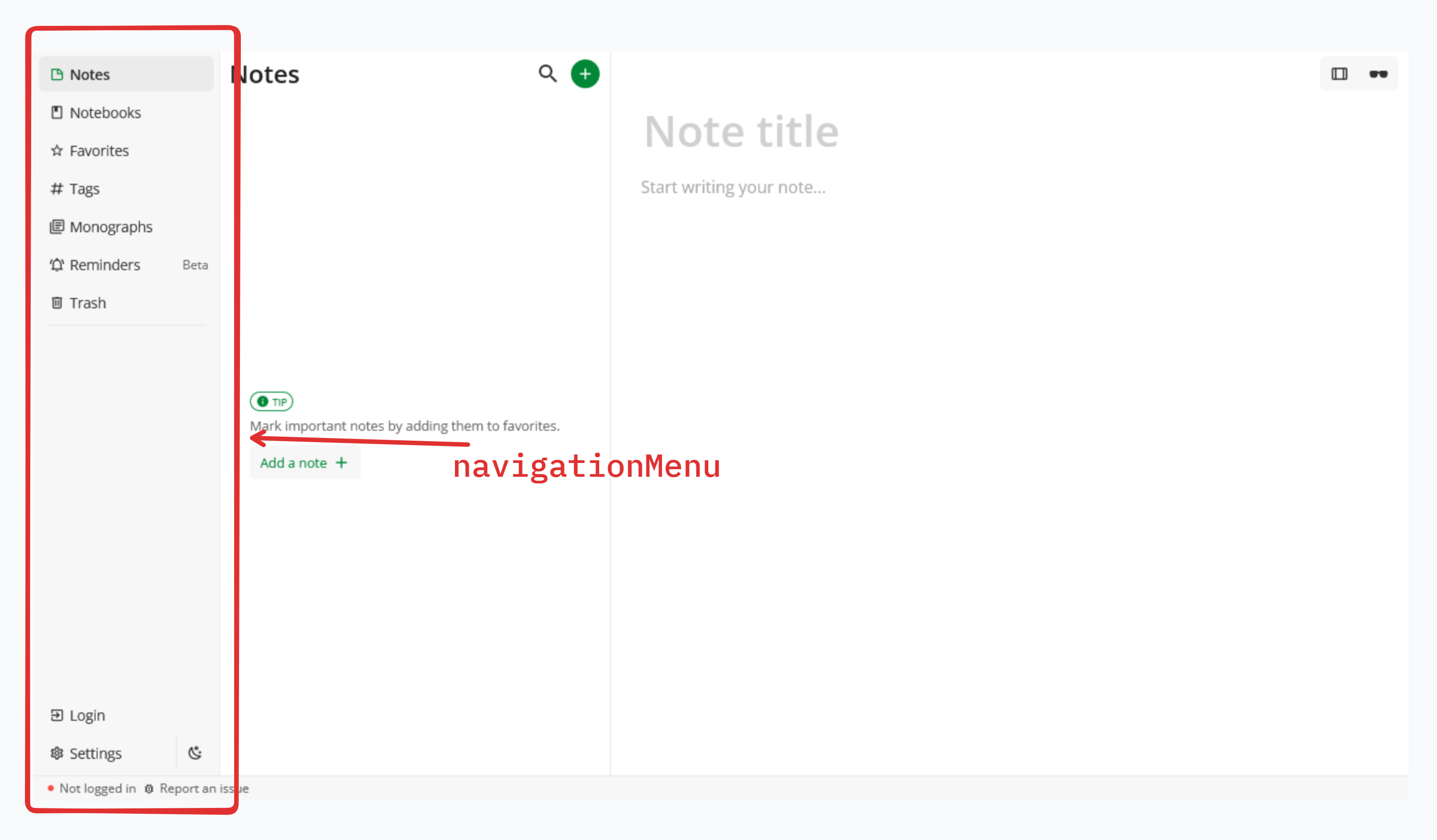 The Notesnook side bar, the area covered by the navigationMenu scope