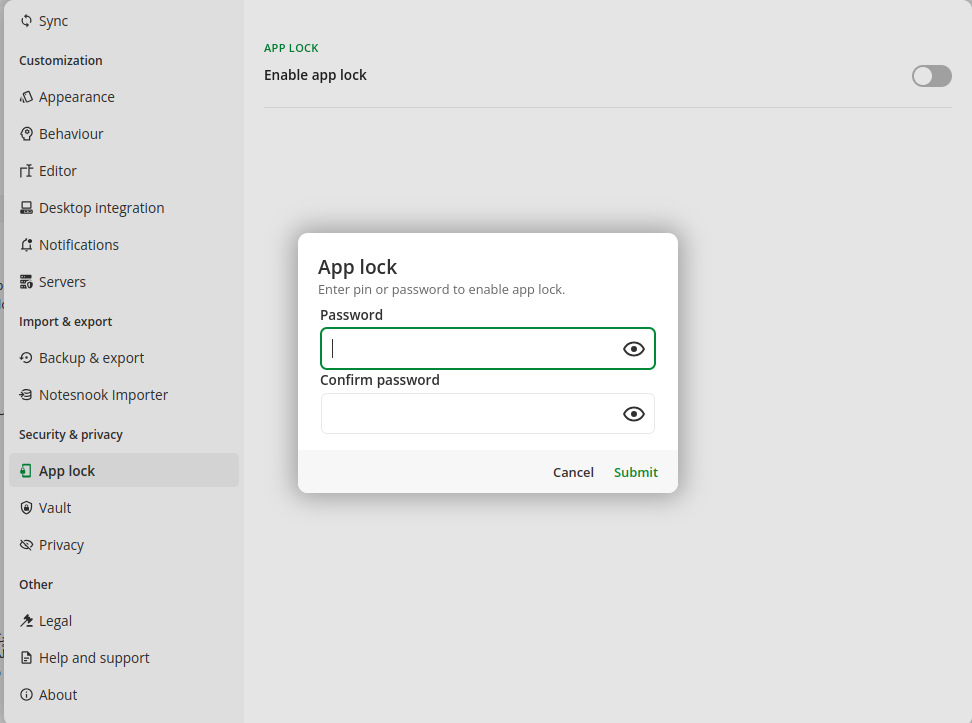 The App lock section of Notesnook desktop settings, with the Enable app lock switch turned on