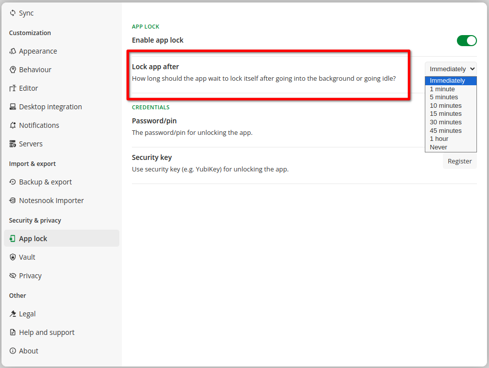 The Lock app after dropdown in Notesnook desktop settings, showing the available timeout intervals