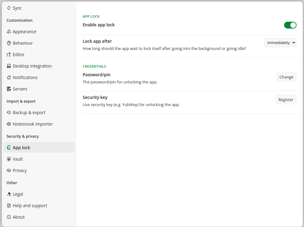 The Credentials section of Notesnook desktop app lock settings, with the password and security key options