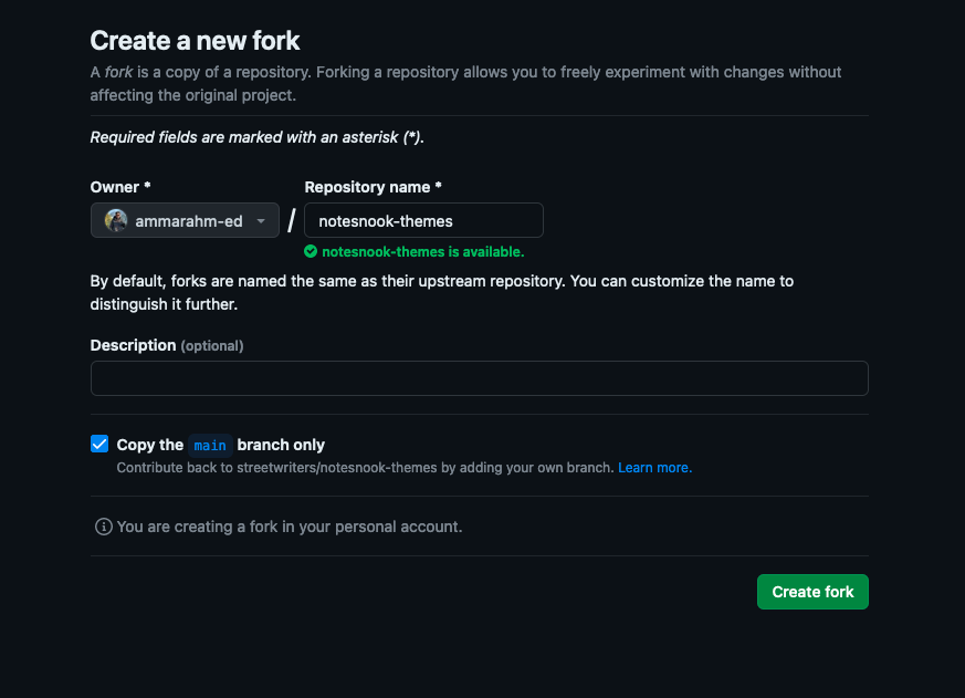 The Create fork page on GitHub