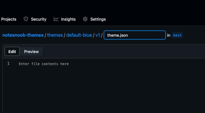 Typing the theme file path so GitHub creates the nested directories