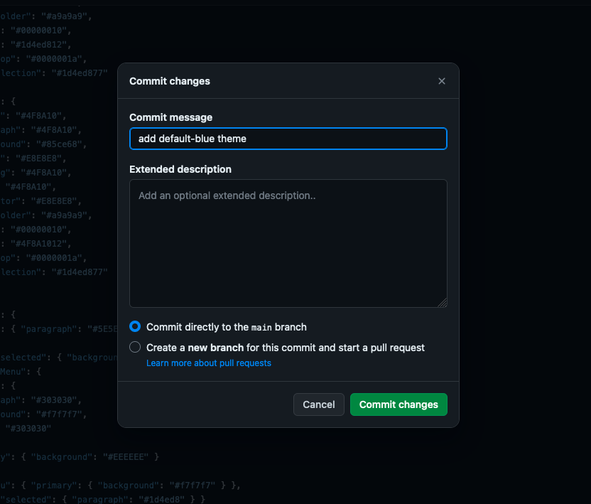 The commit message dialog with the add theme message filled in