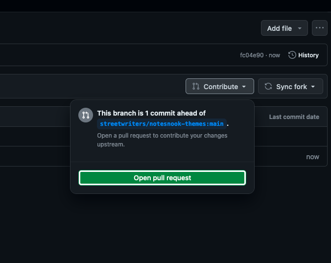 The Contribute menu on the fork, with Open pull request
