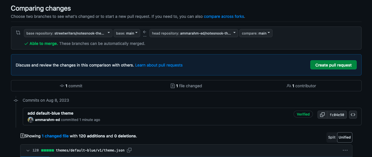 The Create pull request button on the comparison page