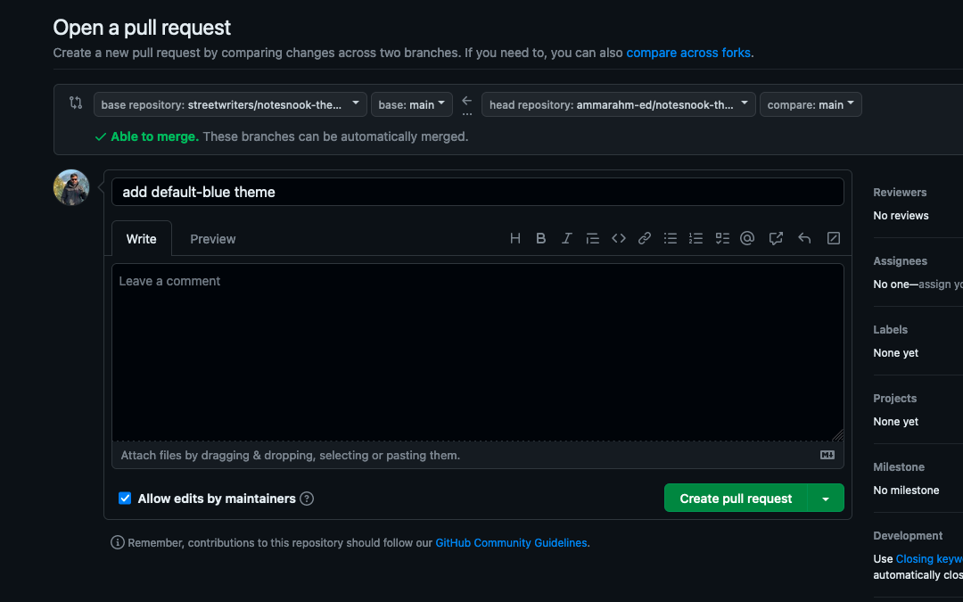 The pull request form, ready to submit