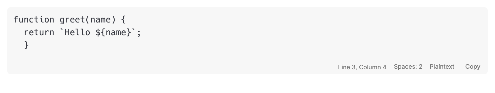A code block in the Notesnook editor showing the footer bar with the caret position, indentation mode, language and copy button