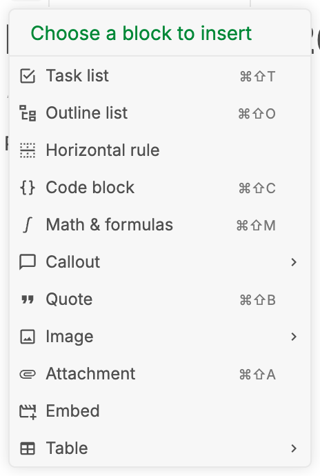 The insert block menu in the Notesnook editor, with Code block listed alongside Task list, Outline list, Math & formulas and Callout