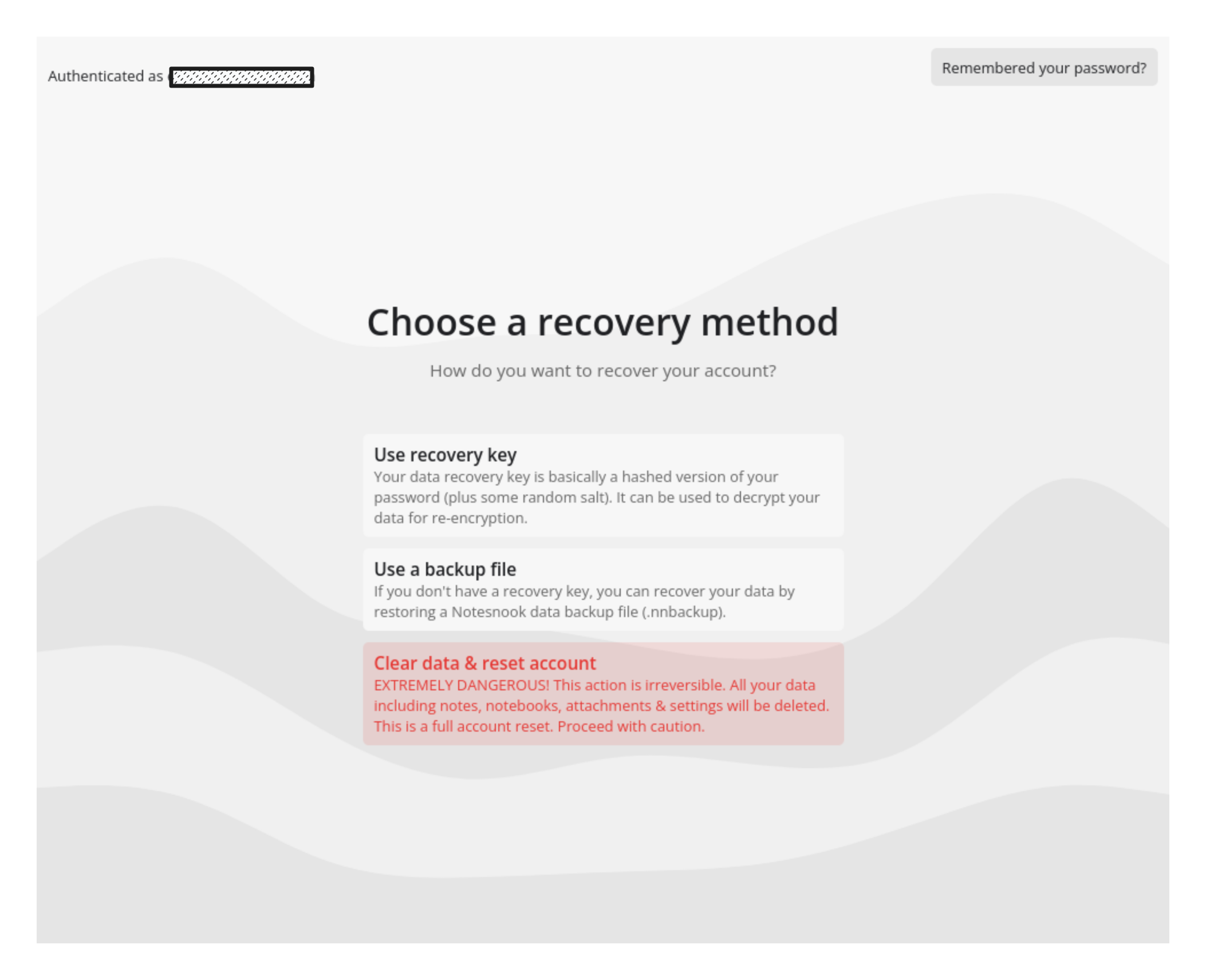 The Choose a recovery method screen, listing the recovery key, backup file and reset options