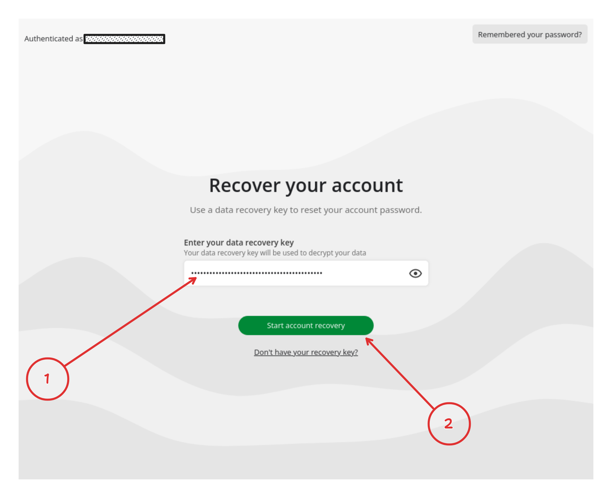 The recovery key field on the account recovery page