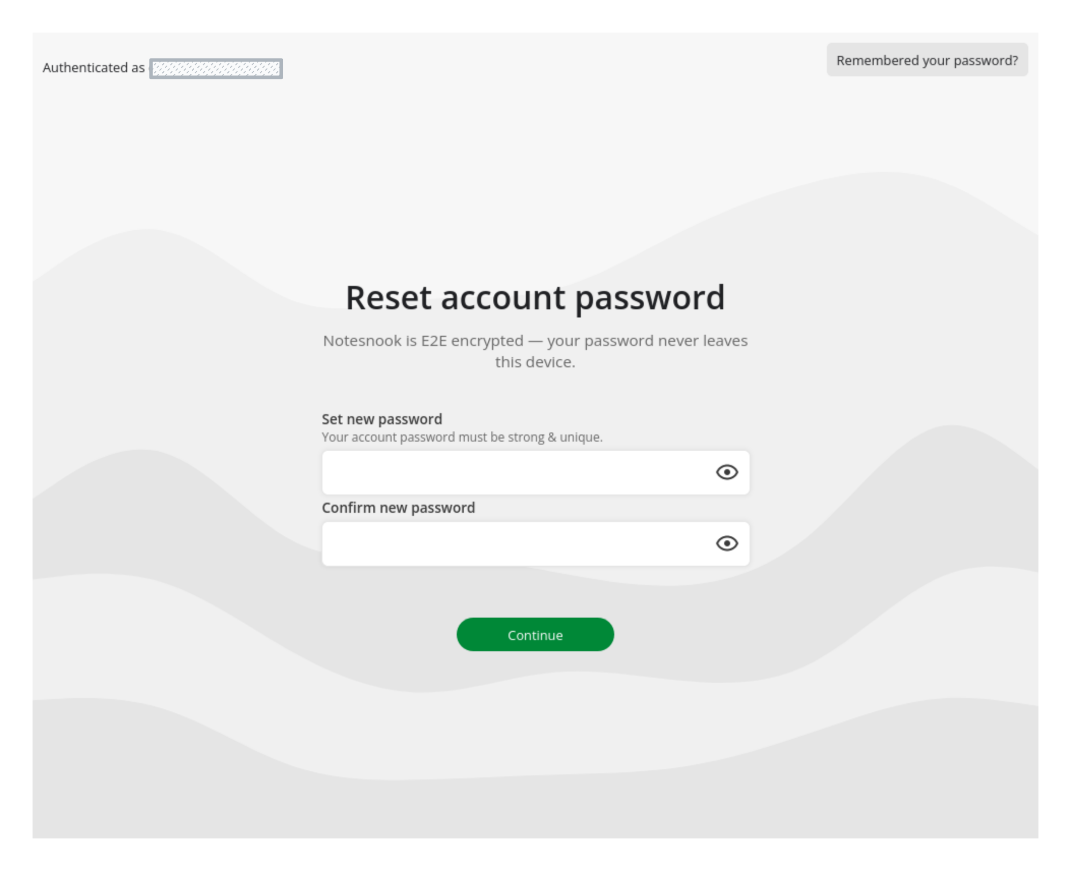 The new password screen at the end of account recovery