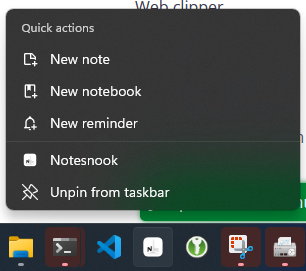 The Notesnook jumplist on the Windows taskbar