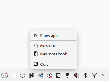 The Notesnook system tray menu, with New note and New notebook