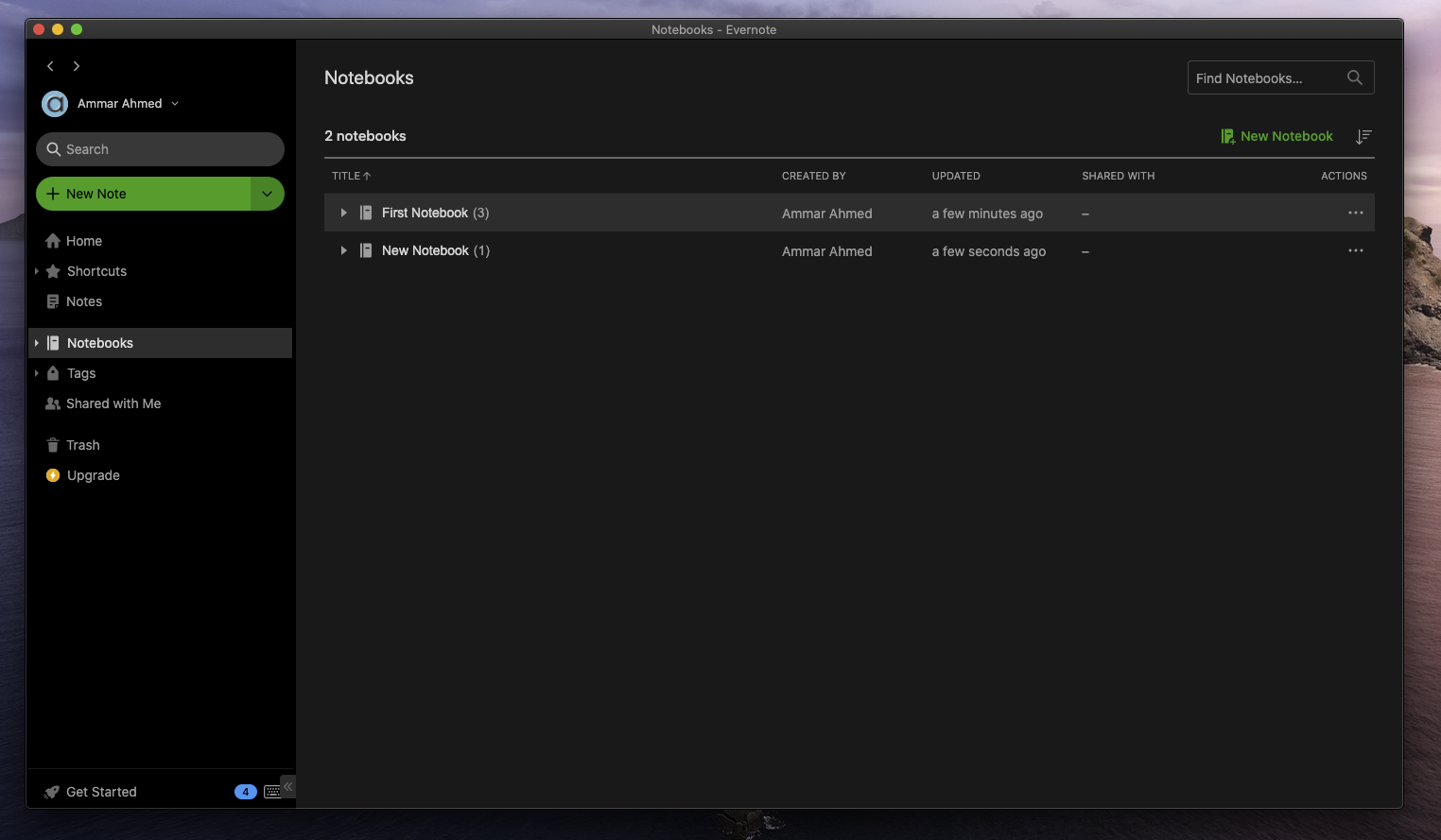The Notebooks section in the Evernote desktop app side menu