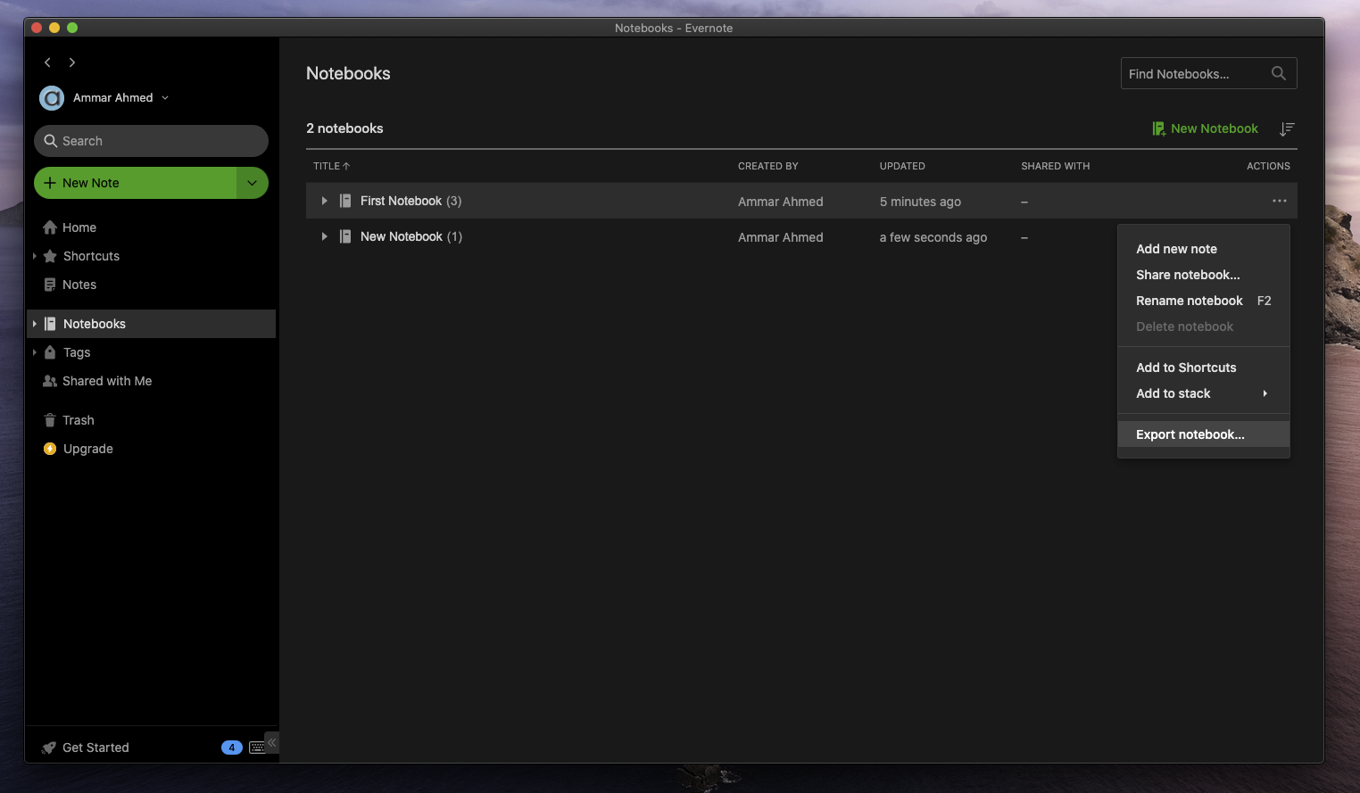 The three dot menu on an Evernote notebook, showing Export Notebook