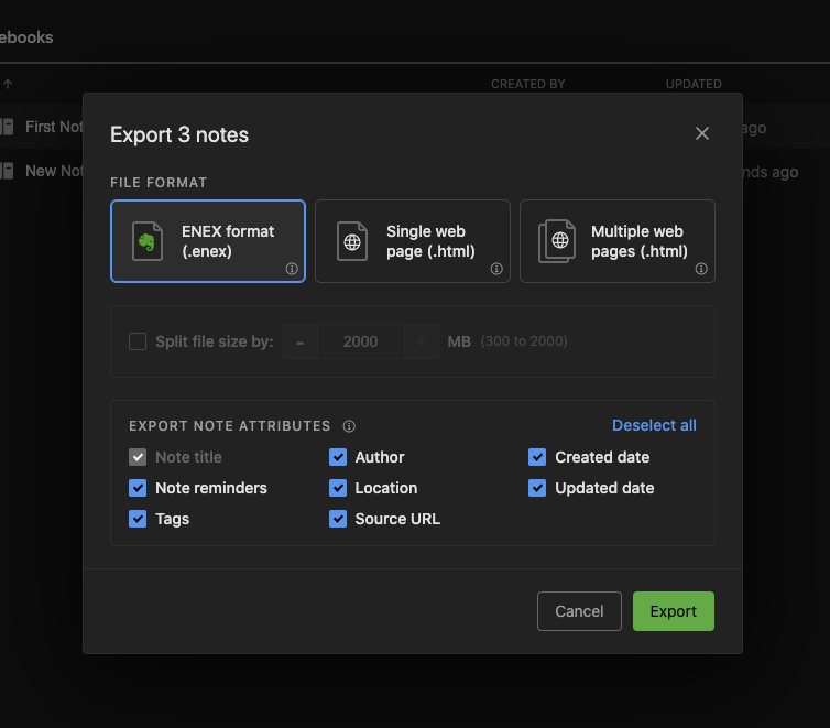 The Evernote export dialog with ENEX chosen as the format