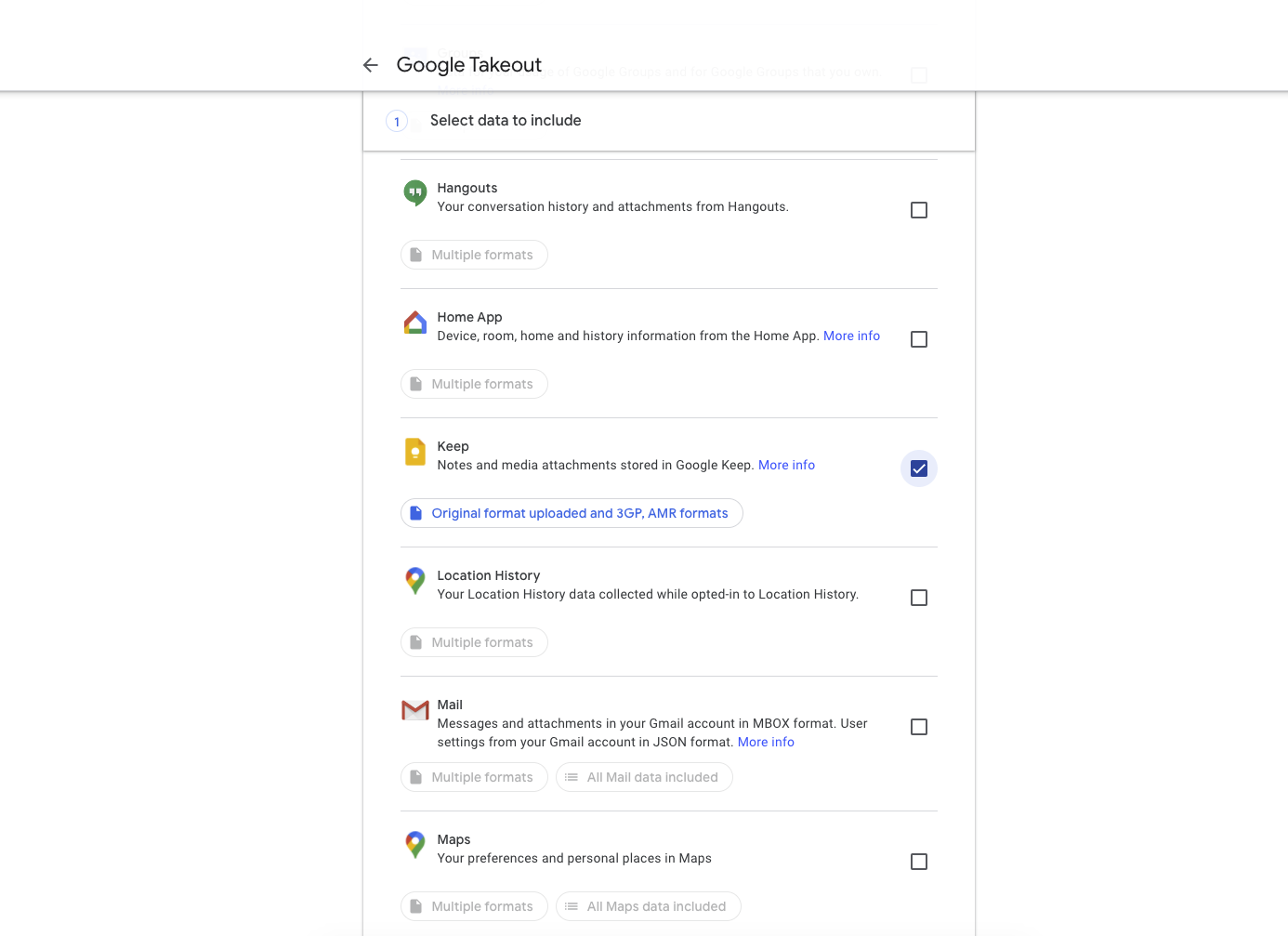 The Google Takeout page with every product deselected except Keep