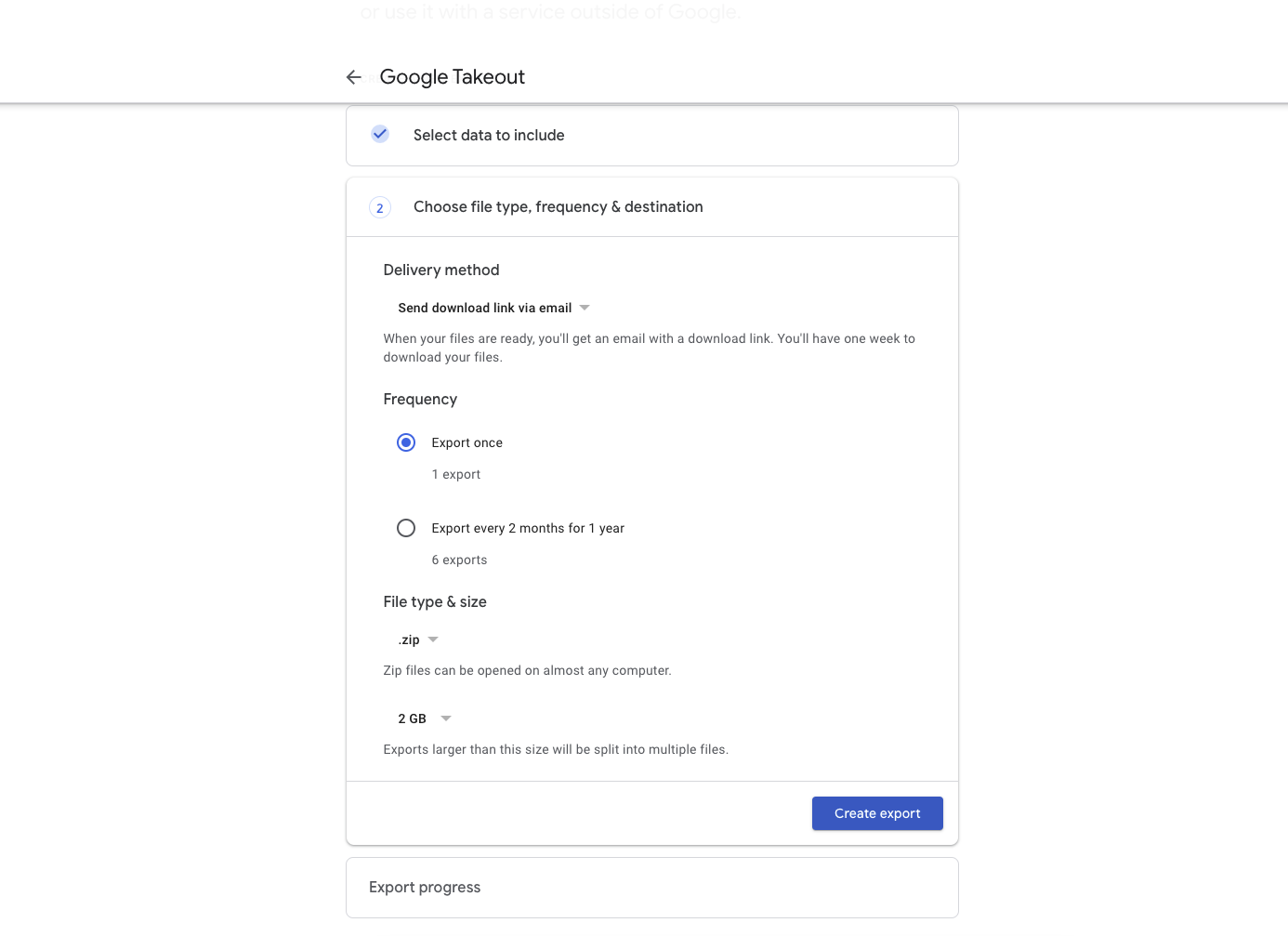 The Google Takeout export options, with the Create export button at the bottom