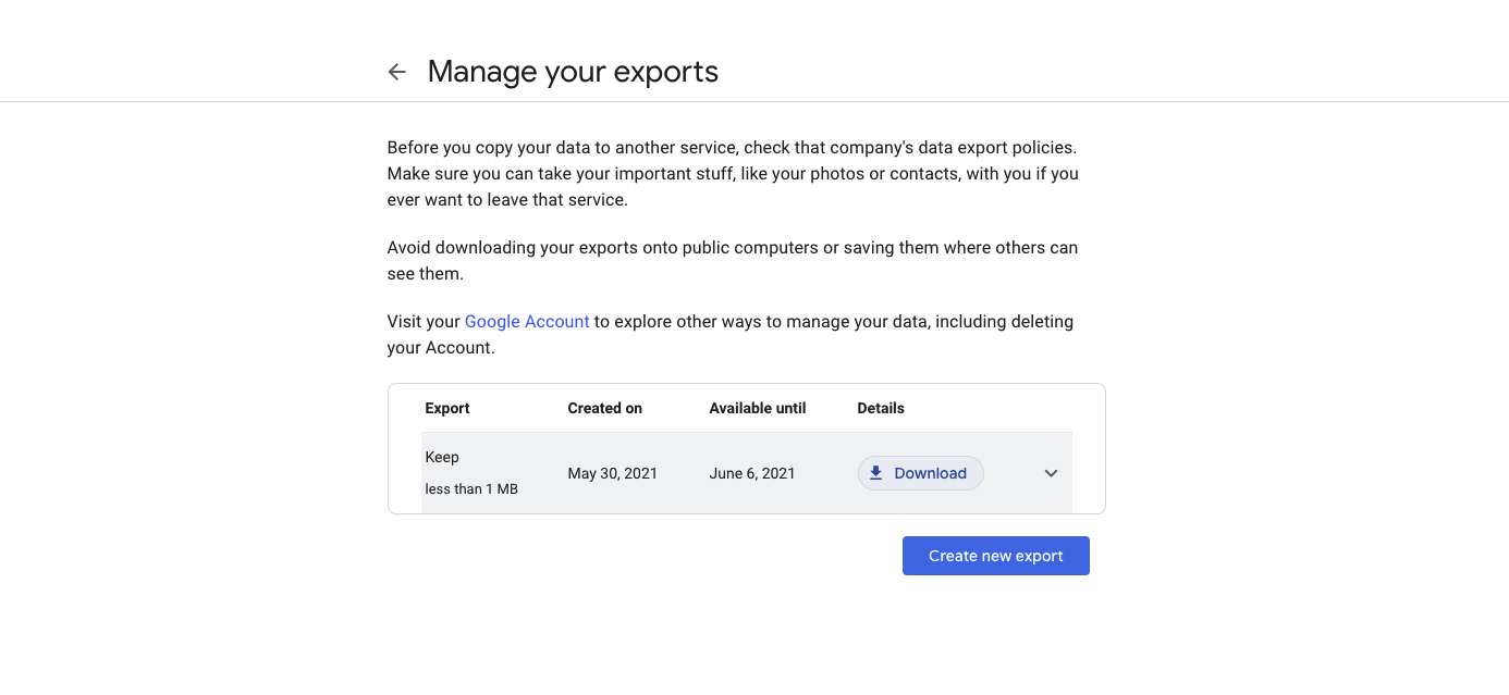 The finished Google Takeout export, ready to download as a .zip file
