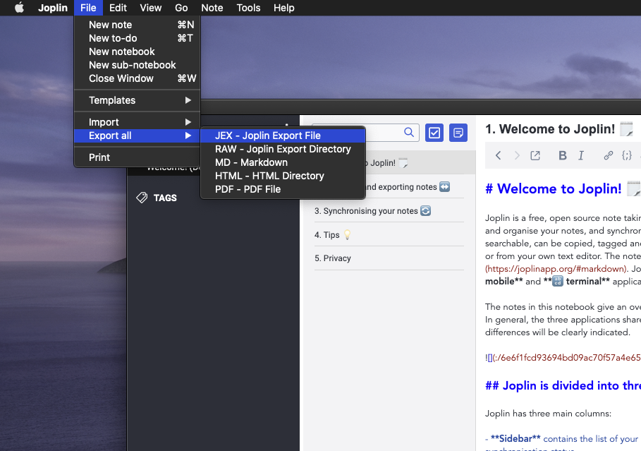 The Joplin export menu, with JEX chosen as the export format