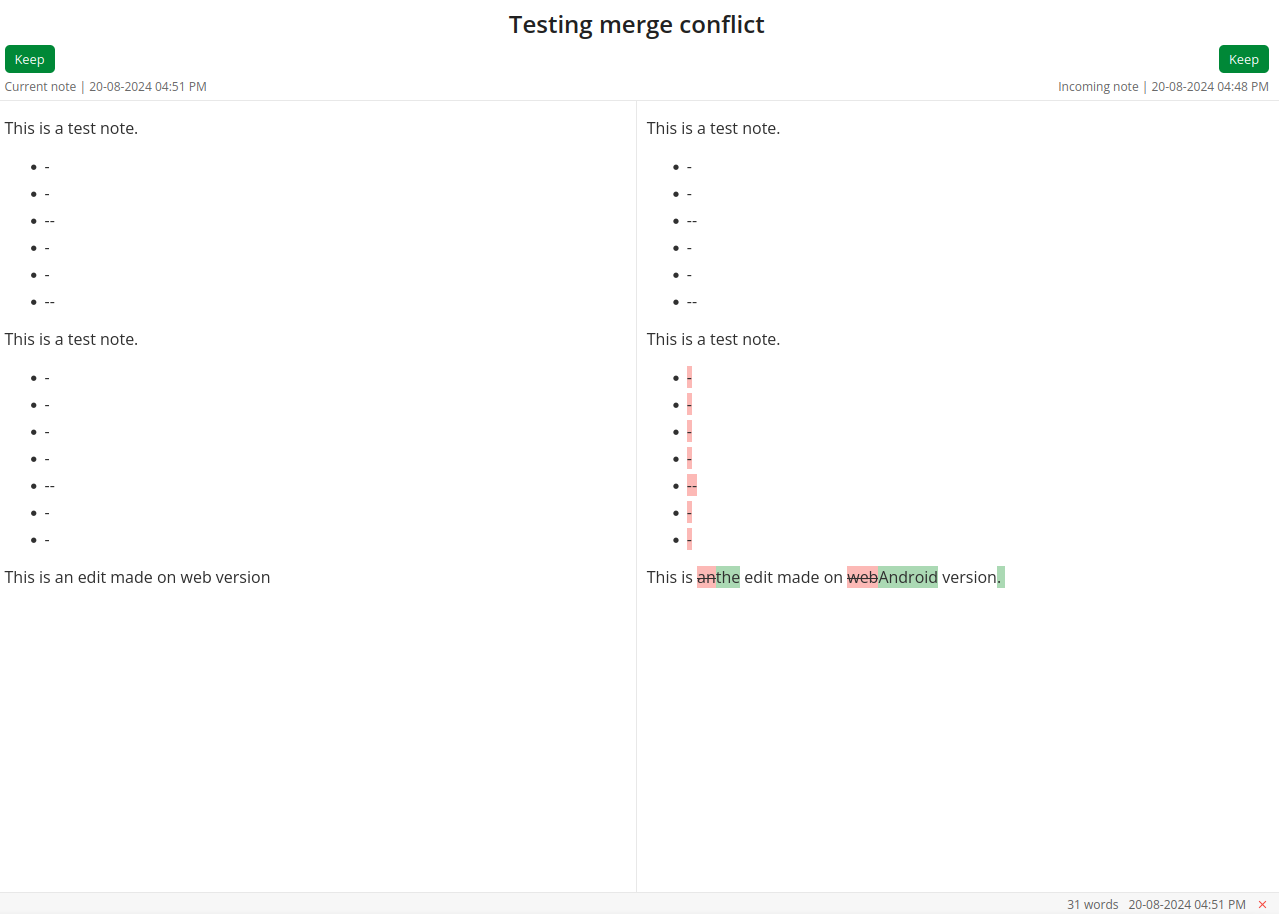 The desktop conflict resolution screen, with Current Note and Incoming Note side by side