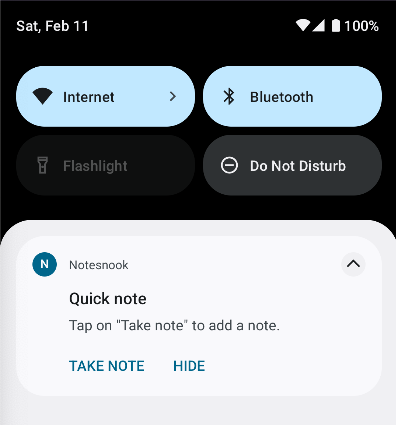 The Notesnook notification with a Take note button in the Android shade