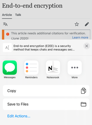 Choosing Notesnook from the iOS share sheet