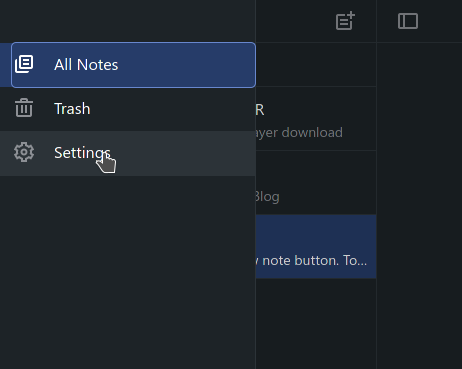 The Settings entry in the Simplenote sidebar