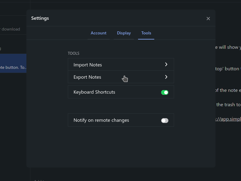 The Tools tab in Simplenote settings, where Export notes lives