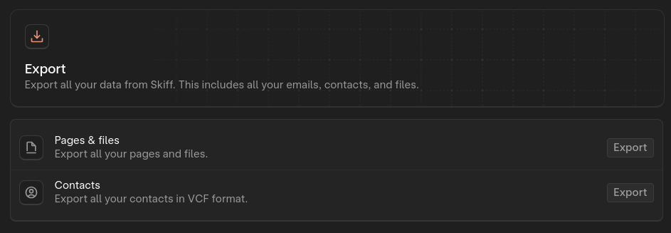 The Export tab in Skiff settings