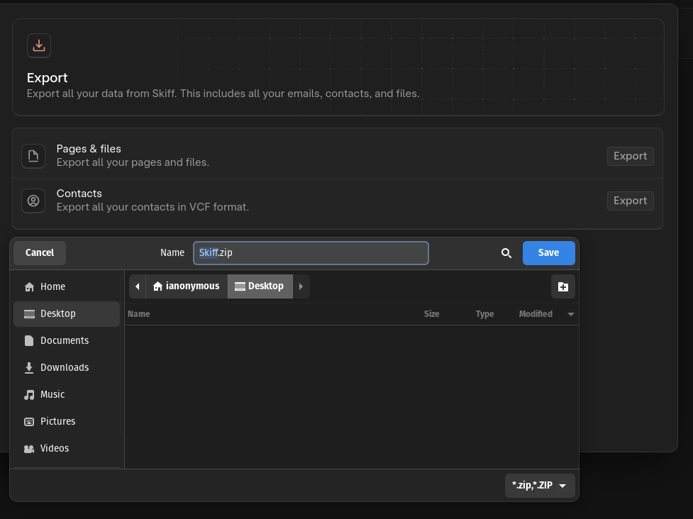The finished Skiff export, ready to save as Skiff.zip