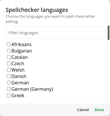 The spell checker language picker in Notesnook desktop settings