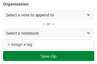 The Notesnook Web Clipper options for appending to a note, adding to a notebook, or assigning tags