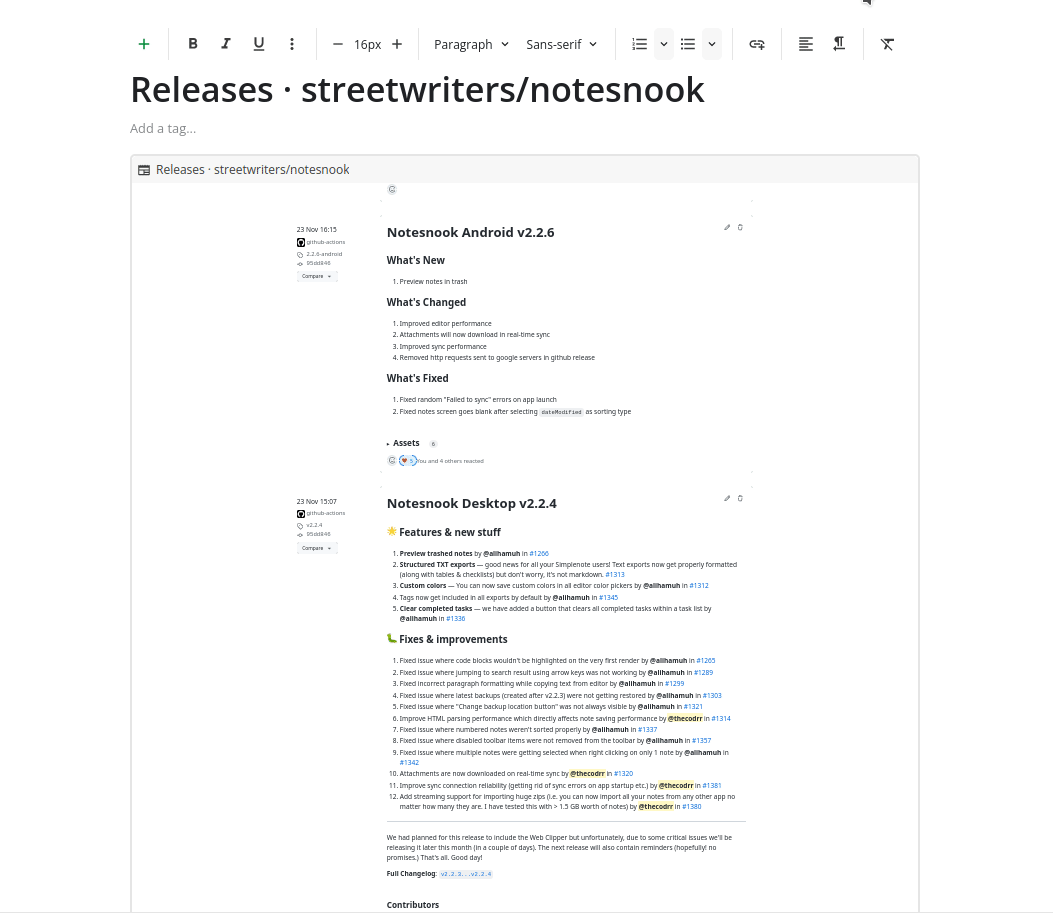 A web clip embedded in a Notesnook note, scrollable and fully interactive