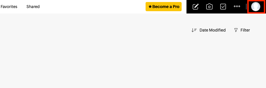 The account icon at the top right of Zoho Notebook
