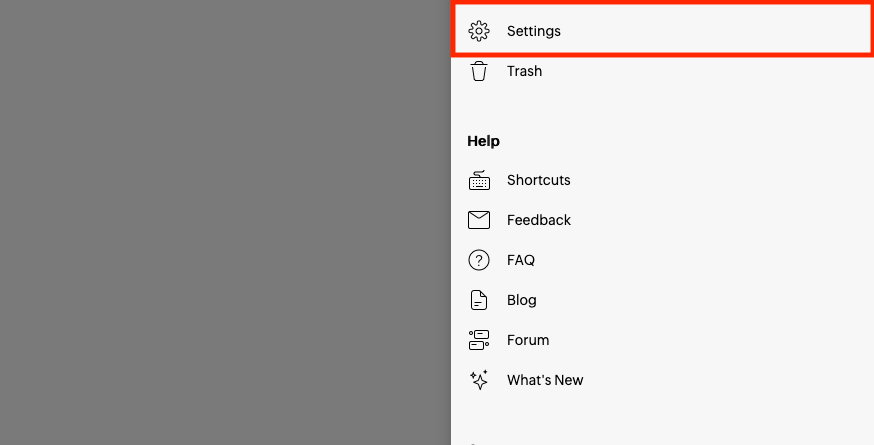 The Settings entry in the Zoho Notebook side menu