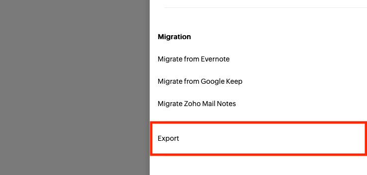 The Export option in the Migration section of Zoho Notebook settings