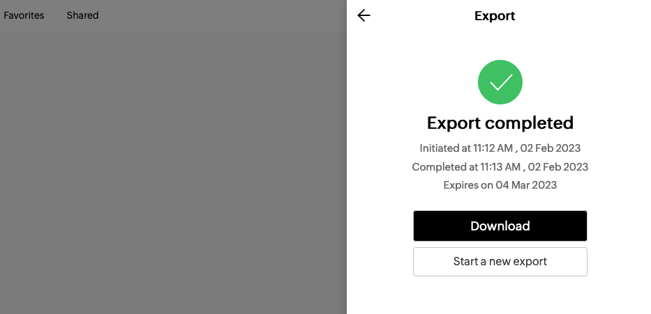 The Zoho Notebook export finishing, with a link to download the .zip file